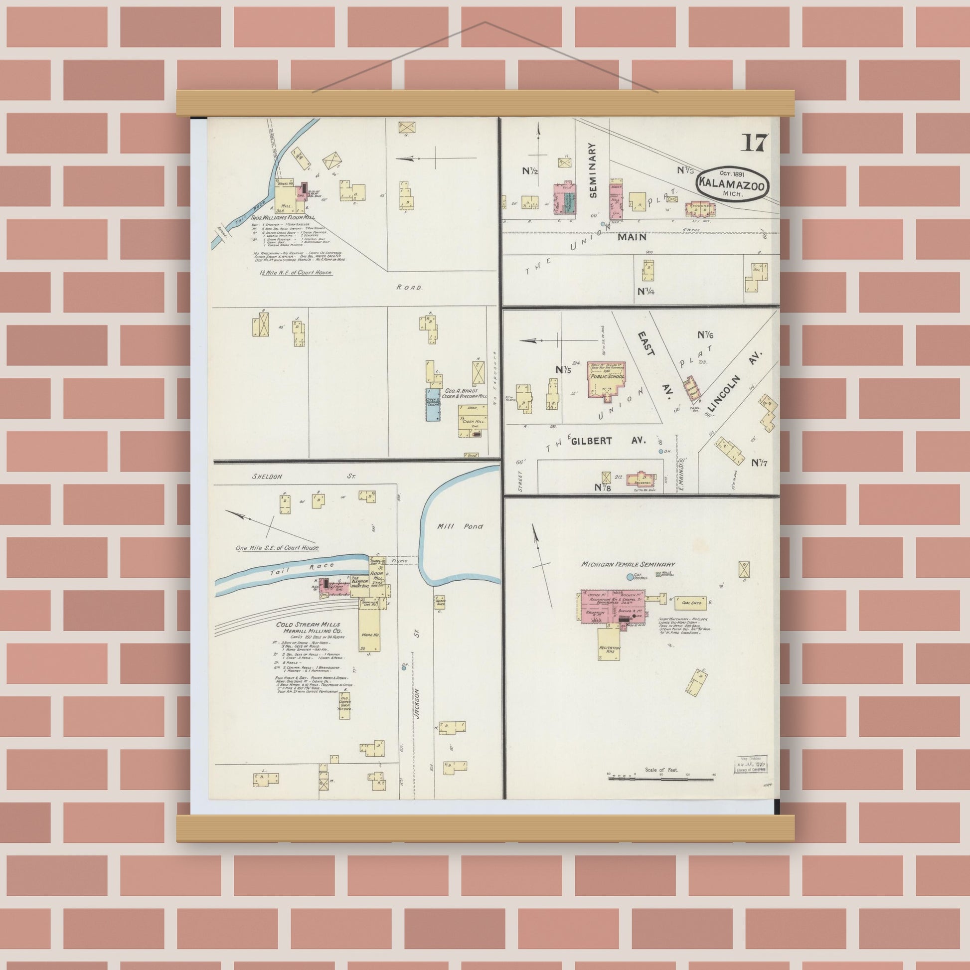 Old map wall art mockup — magnetic wood frame on brick wall — Sanborn Fire Insurance Map from Kalamazoo, Kalamazoo County, Michigan (1891), Sheet #0017