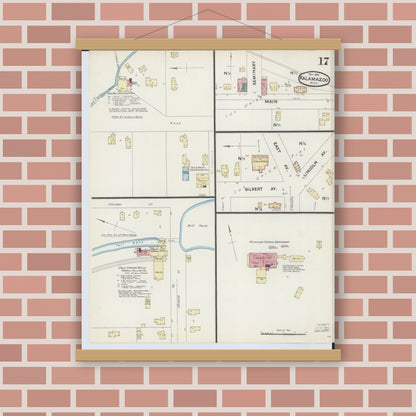 Old map wall art mockup — magnetic wood frame on brick wall — Sanborn Fire Insurance Map from Kalamazoo, Kalamazoo County, Michigan (1891), Sheet #0017