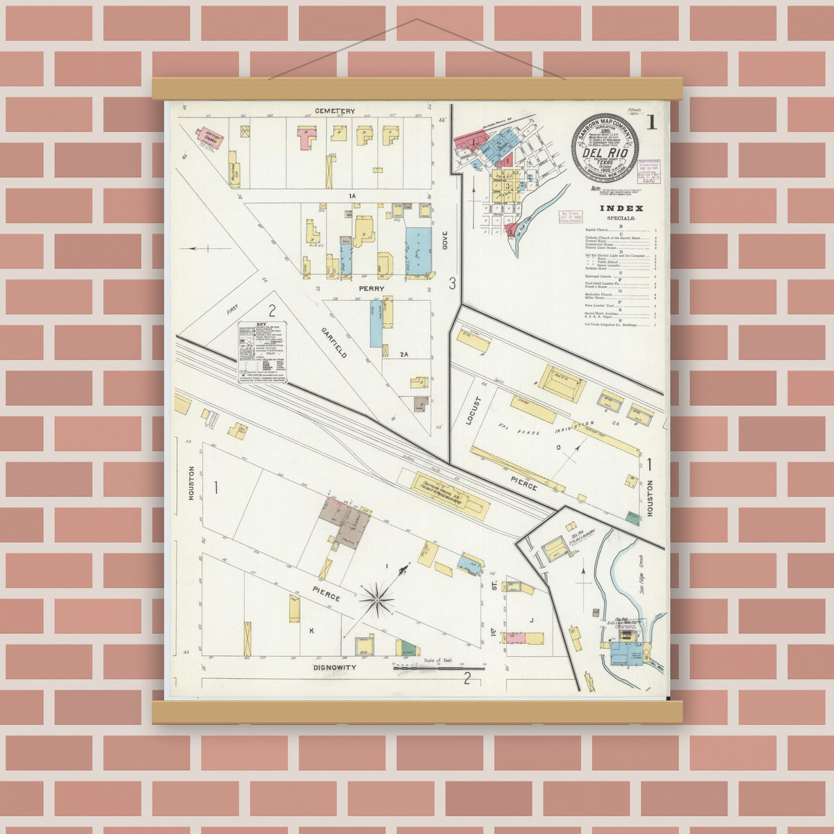 Old map wall art mockup — magnetic wood frame on brick wall — Sanborn Fire Insurance Map from Del Rio, Val Verde County, Texas (1905) - Complete Map Set