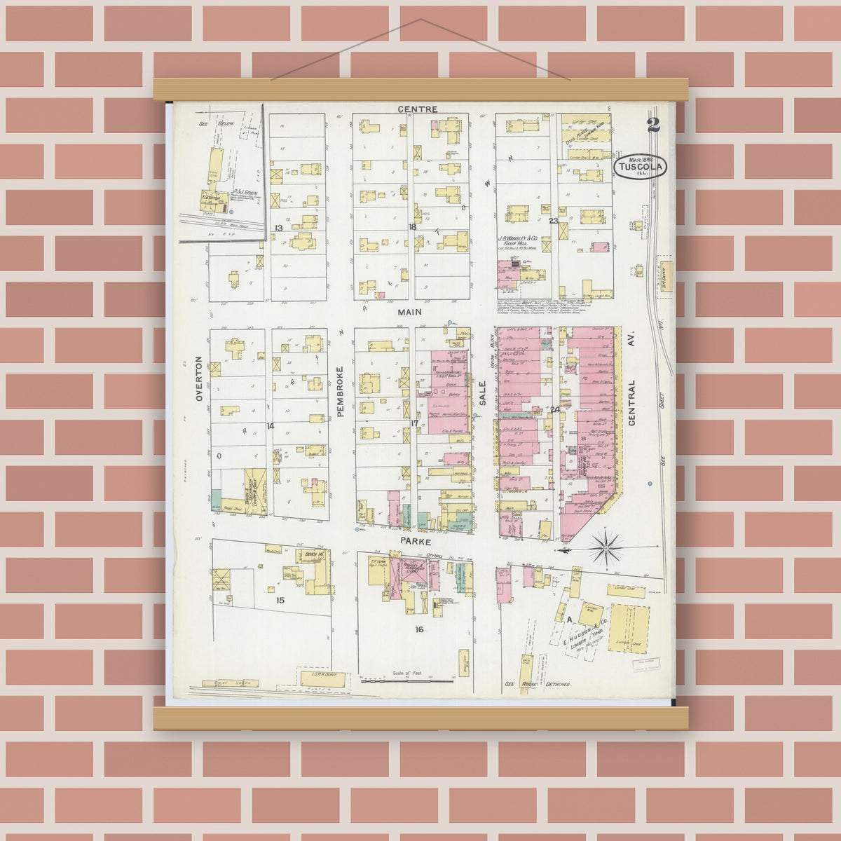 Old map wall art mockup — magnetic wood frame on brick wall — Sanborn Fire Insurance Map from Tuscola, Douglas County, Illinois (1892), Sheet #0002