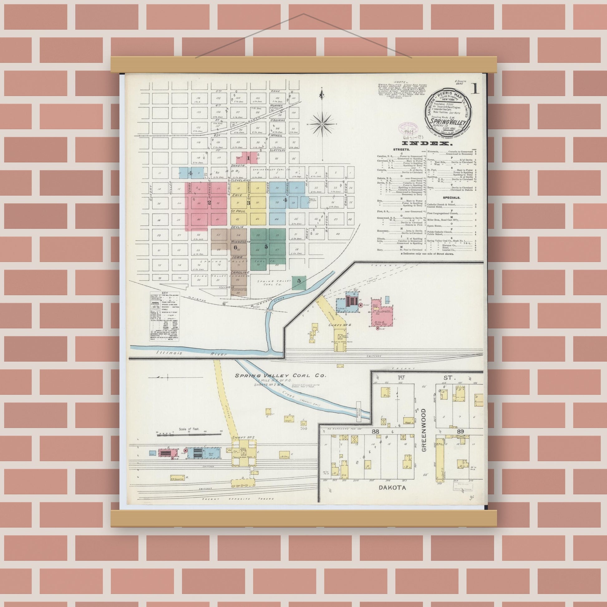 Old map wall art mockup — magnetic wood frame on brick wall — Sanborn Fire Insurance Map from Spring Valley, Bureau County, Illinois (1893) - Complete Map Set