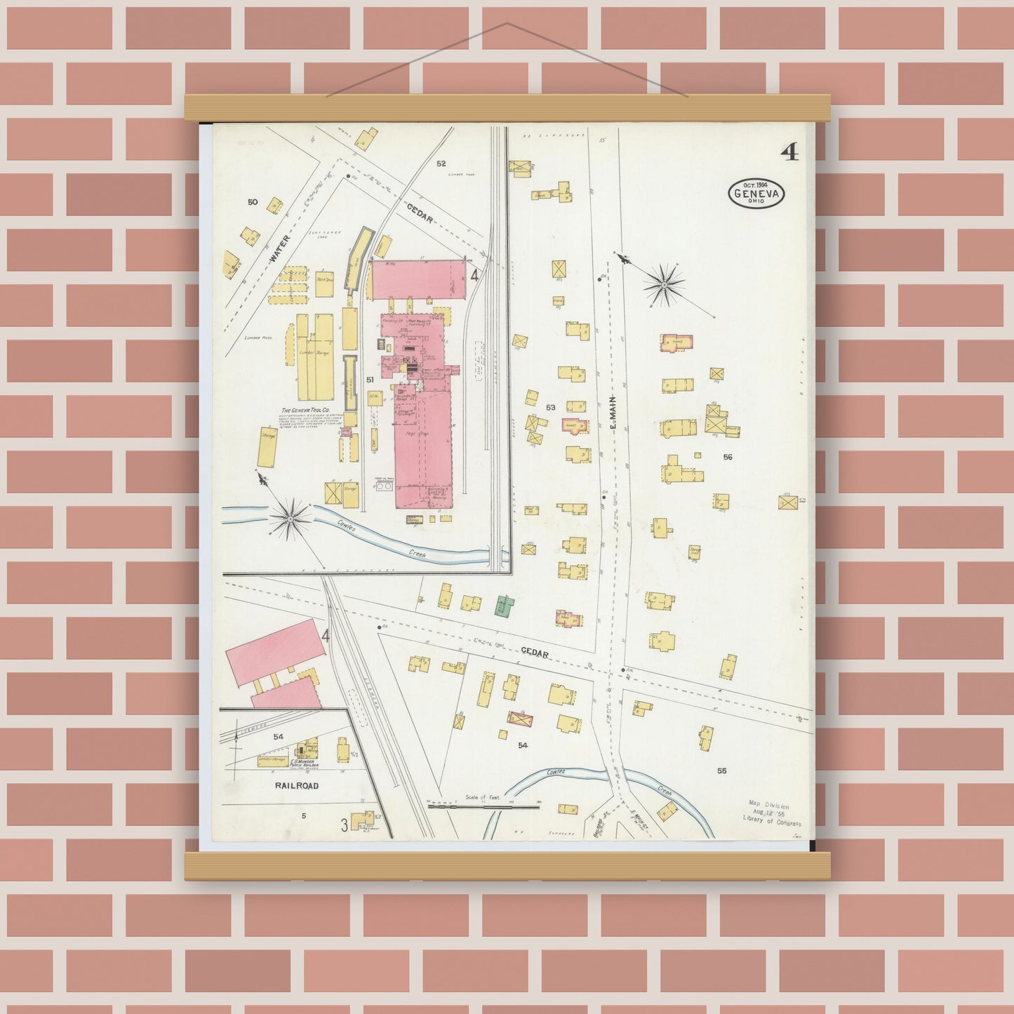 Old map wall art mockup — magnetic wood frame on brick wall — Sanborn Fire Insurance Map from Geneva, Ashtabula County, Ohio (1904), Sheet #0004