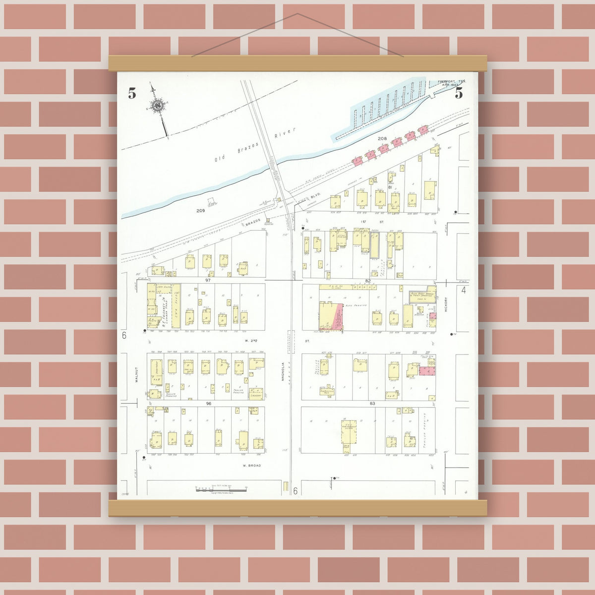 Old map wall art mockup — magnetic wood frame on brick wall — Sanborn Fire Insurance Map from Freeport, Brazoria County, Texas (1943), Sheet #0005