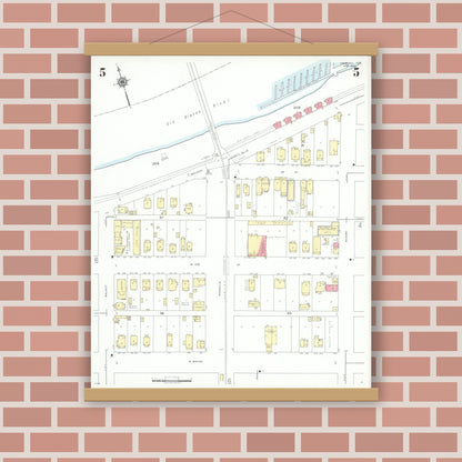 Old map wall art mockup — magnetic wood frame on brick wall — Sanborn Fire Insurance Map from Freeport, Brazoria County, Texas (1943), Sheet #0005