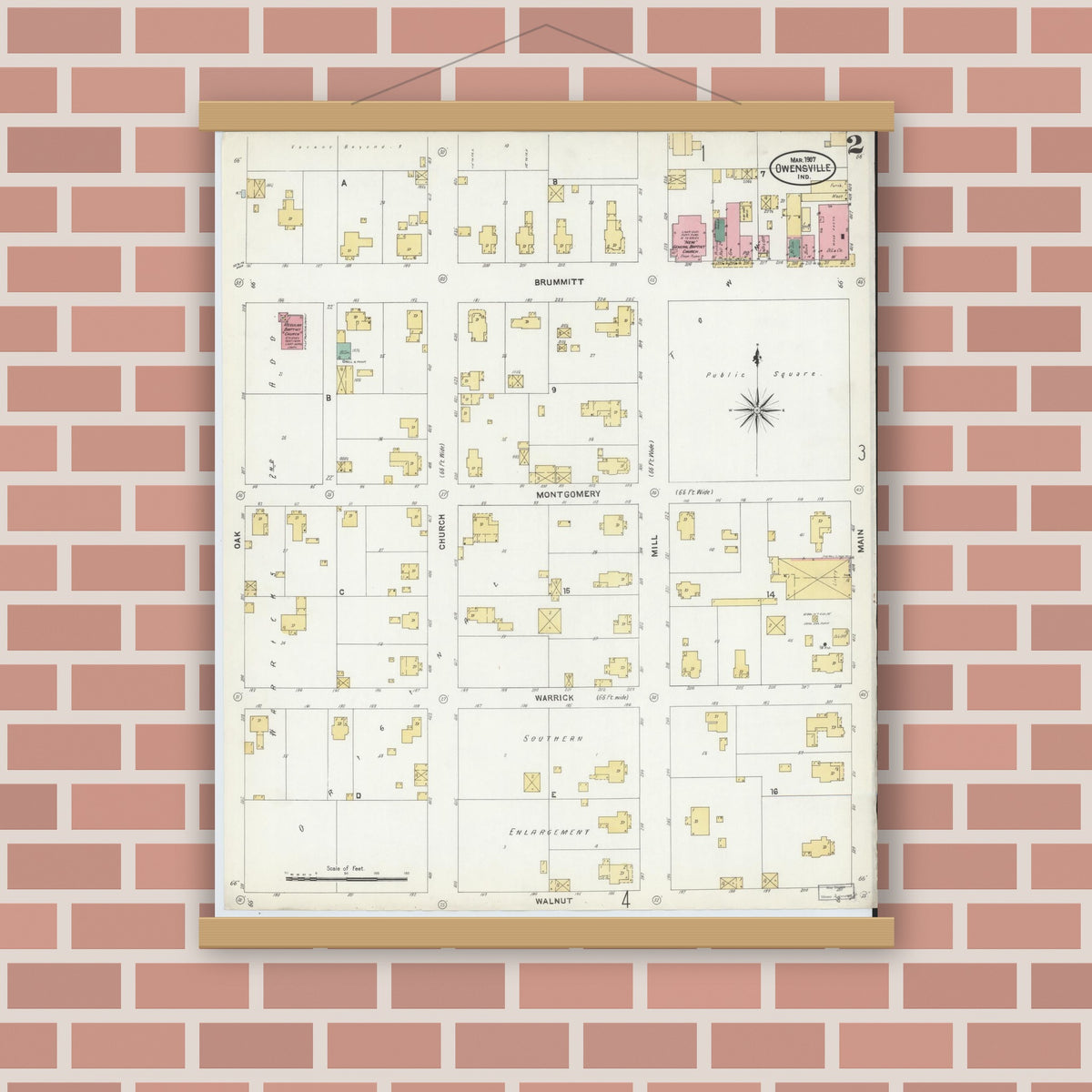 Old map wall art mockup — magnetic wood frame on brick wall — Sanborn Fire Insurance Map from Owensville, Gibson County, Indiana (1907), Sheet #0002