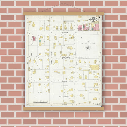 Old map wall art mockup — magnetic wood frame on brick wall — Sanborn Fire Insurance Map from Owensville, Gibson County, Indiana (1907), Sheet #0002