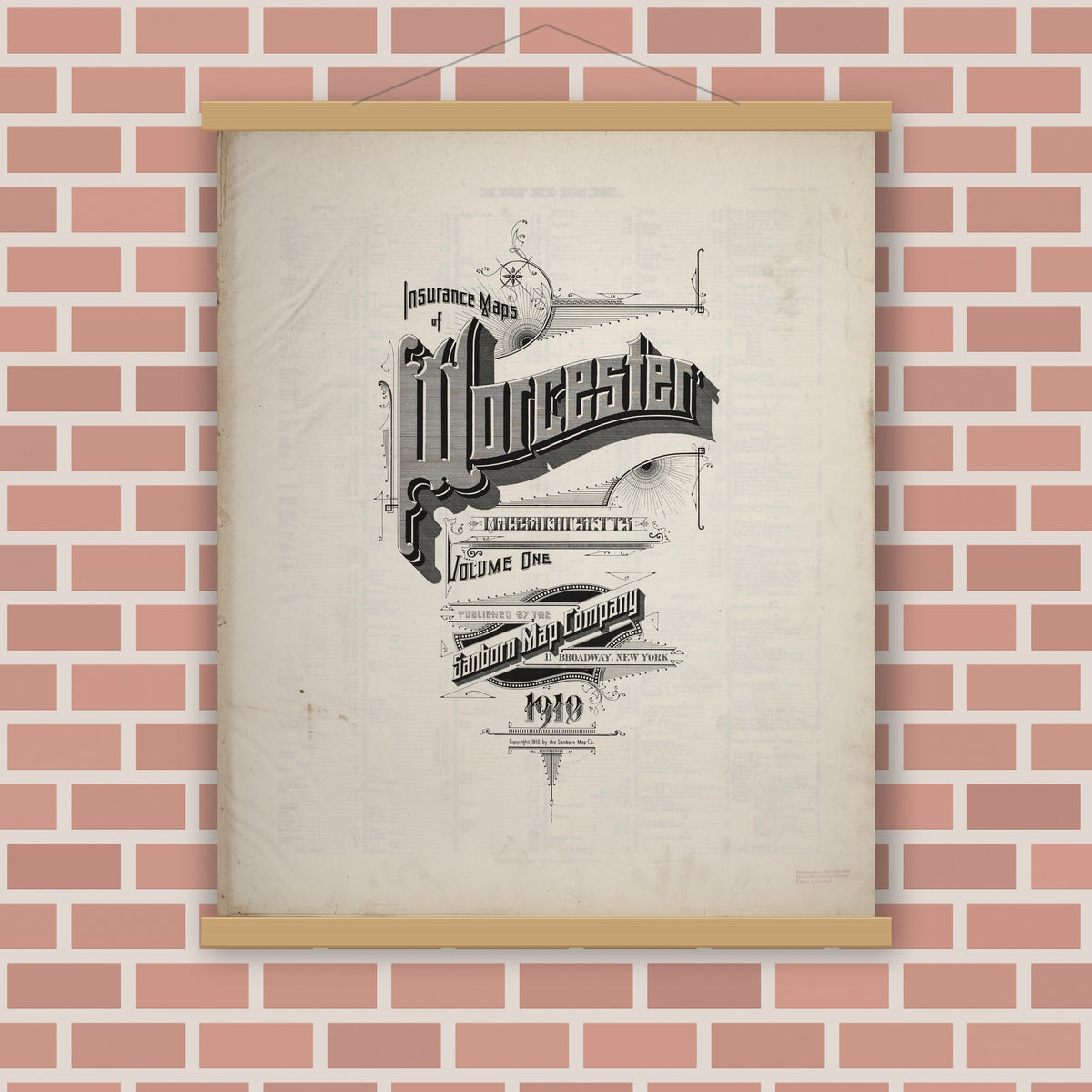 Old map wall art mockup — magnetic wood frame on brick wall — Sanborn Fire Insurance Map from Worcester, Worcester County, Massachusetts (1910), Sheet #0001
