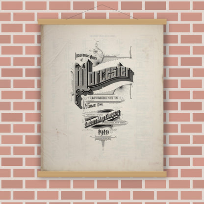 Old map wall art mockup — magnetic wood frame on brick wall — Sanborn Fire Insurance Map from Worcester, Worcester County, Massachusetts (1910), Sheet #0001