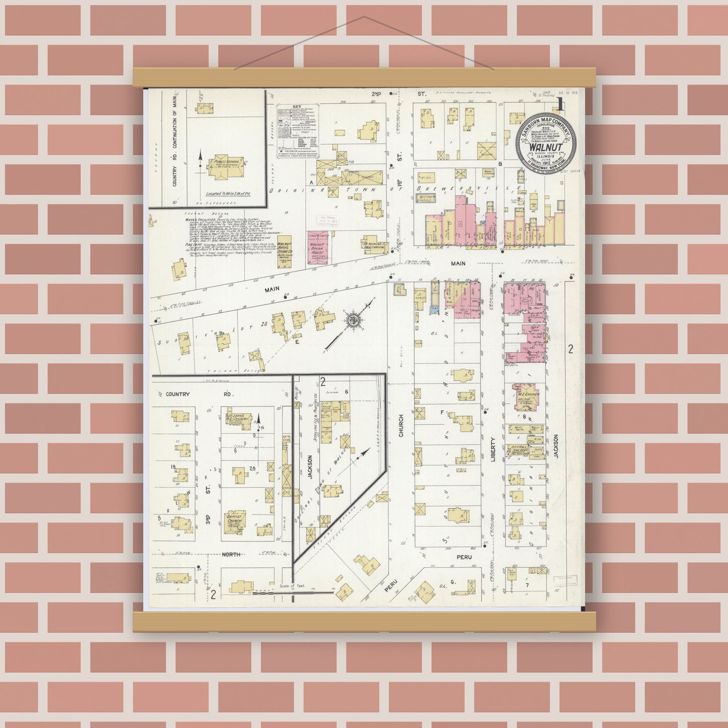 Old map wall art mockup — magnetic wood frame on brick wall — Sanborn Fire Insurance Map from Walnut, Bureau County, Illinois (1912) - Complete Map Set
