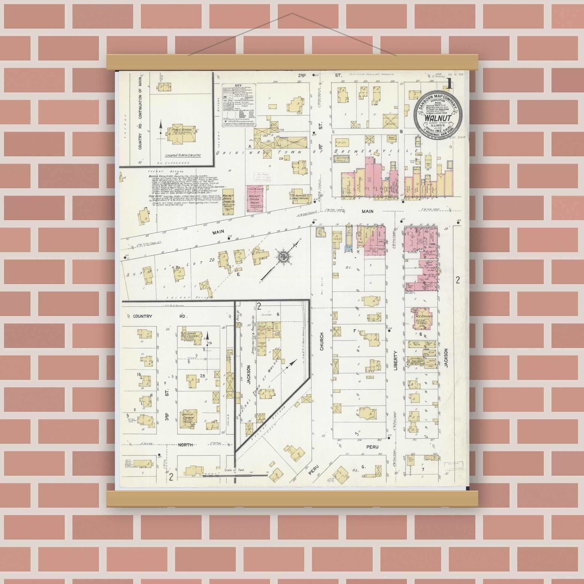 Old map wall art mockup — magnetic wood frame on brick wall — Sanborn Fire Insurance Map from Walnut, Bureau County, Illinois (1912) - Complete Map Set