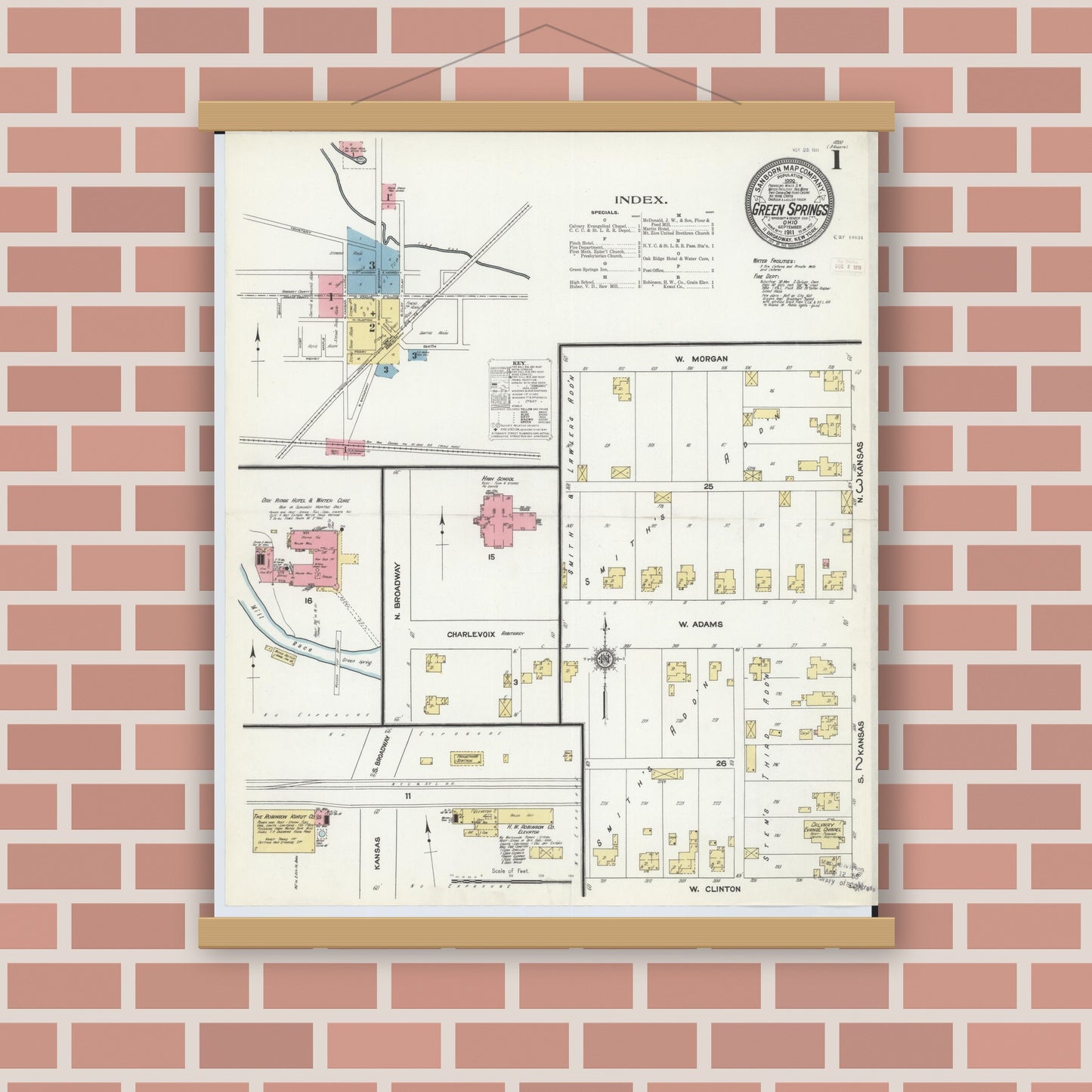 Old map wall art mockup — magnetic wood frame on brick wall — Sanborn Fire Insurance Map from Green Springs, Sandusky And Seneca Counties, Ohio (1911) - Complete Map Set