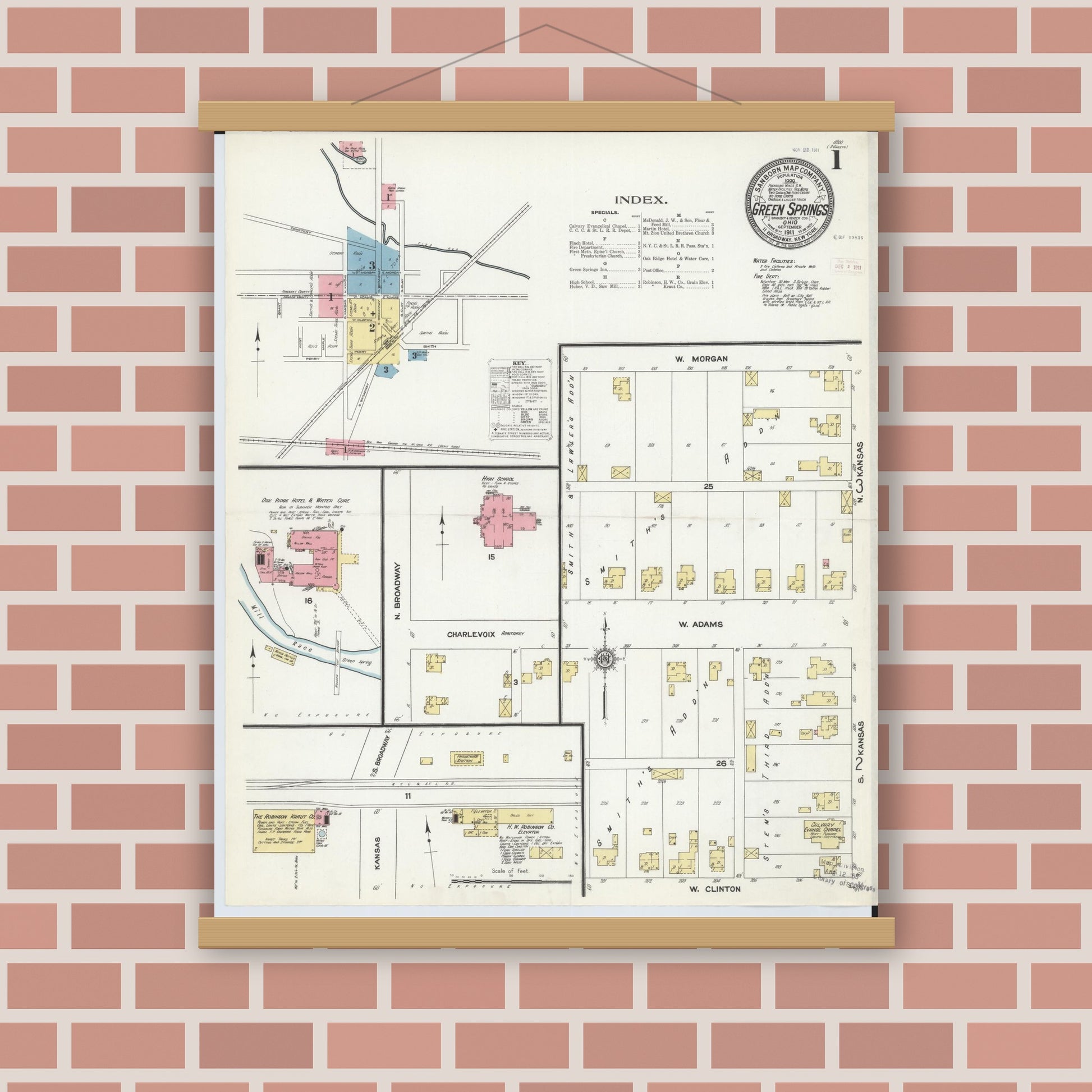Old map wall art mockup — magnetic wood frame on brick wall — Sanborn Fire Insurance Map from Green Springs, Sandusky And Seneca Counties, Ohio (1911) - Complete Map Set