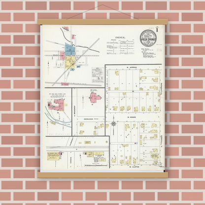Old map wall art mockup — magnetic wood frame on brick wall — Sanborn Fire Insurance Map from Green Springs, Sandusky And Seneca Counties, Ohio (1911) - Complete Map Set