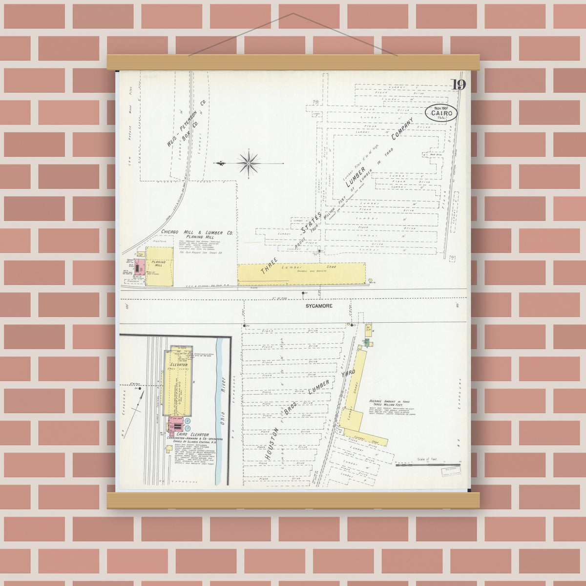 Old map wall art mockup — magnetic wood frame on brick wall — Sanborn Fire Insurance Map from Cairo, Alexander County, Illinois (1901), Sheet #0019
