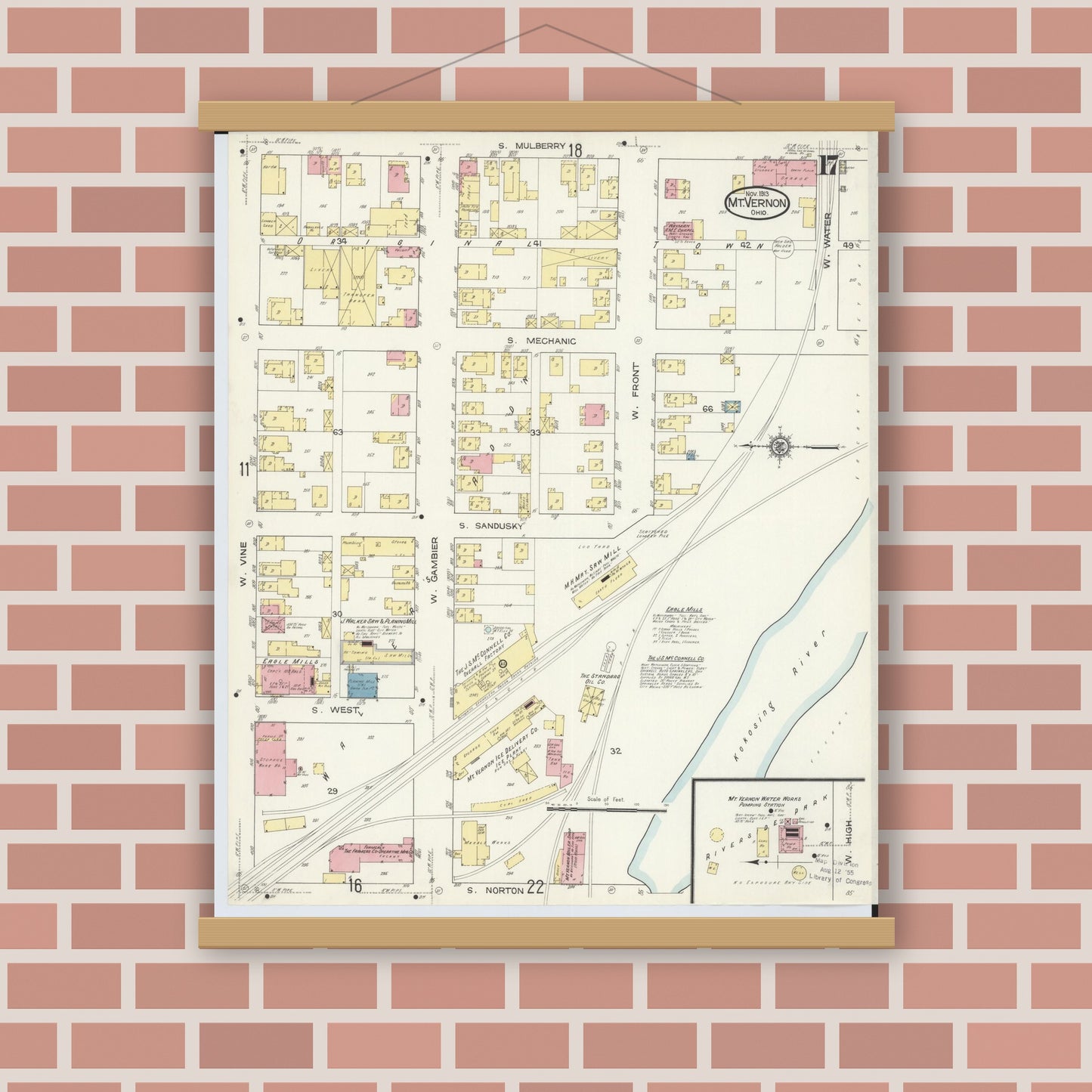 Old map wall art mockup — magnetic wood frame on brick wall — Sanborn Fire Insurance Map from Mount Vernon, Knox County, Ohio (1913), Sheet #0017