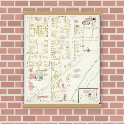 Old map wall art mockup — magnetic wood frame on brick wall — Sanborn Fire Insurance Map from Mount Vernon, Knox County, Ohio (1913), Sheet #0017