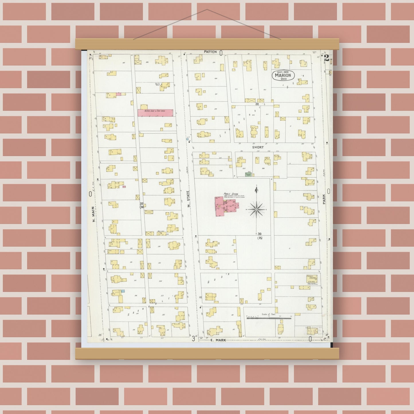 Old map wall art mockup — magnetic wood frame on brick wall — Sanborn Fire Insurance Map from Marion, Marion County, Ohio (1900), Sheet #0002