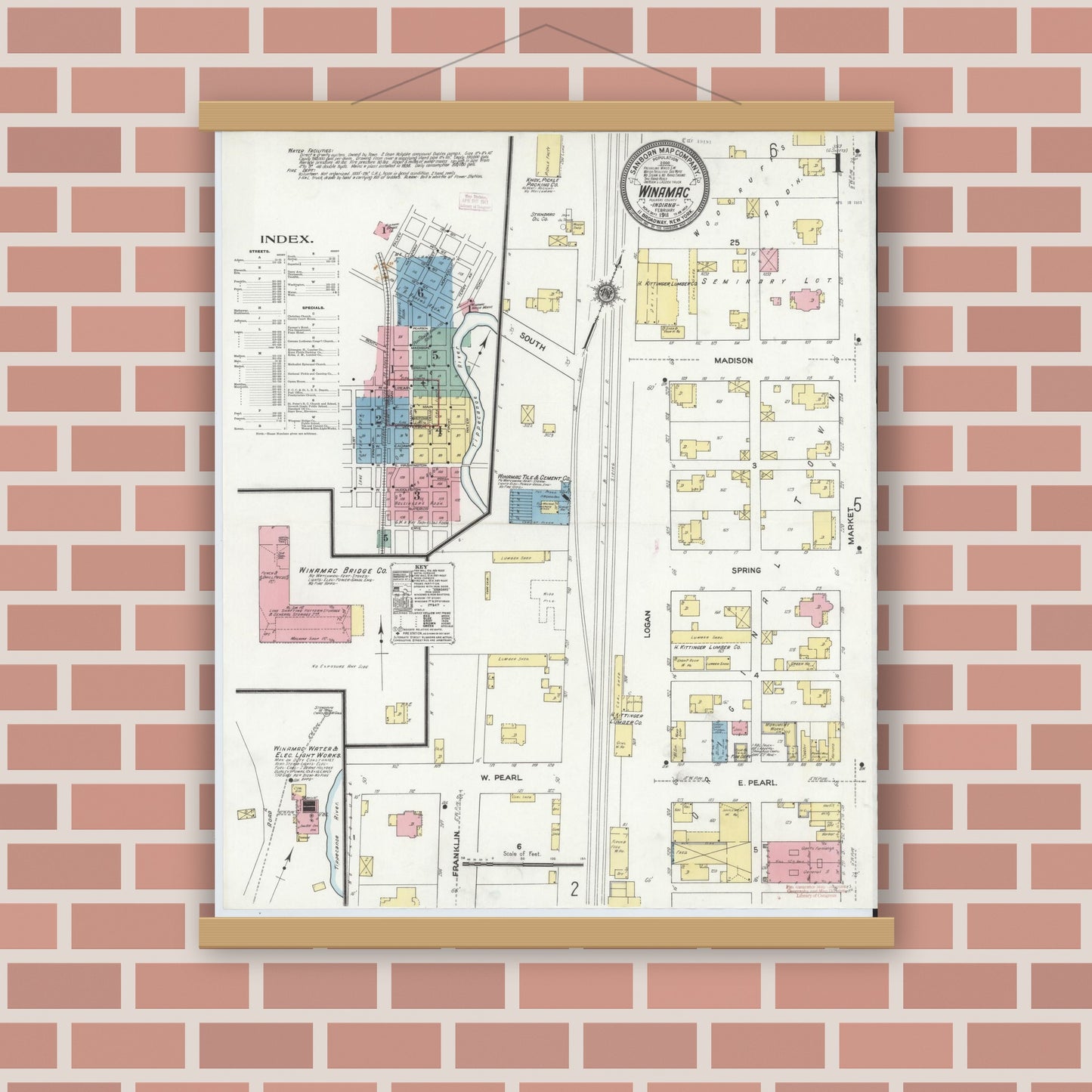Old map wall art mockup — magnetic wood frame on brick wall — Sanborn Fire Insurance Map from Winamac, Pulaski County, Indiana (1911) - Complete Map Set