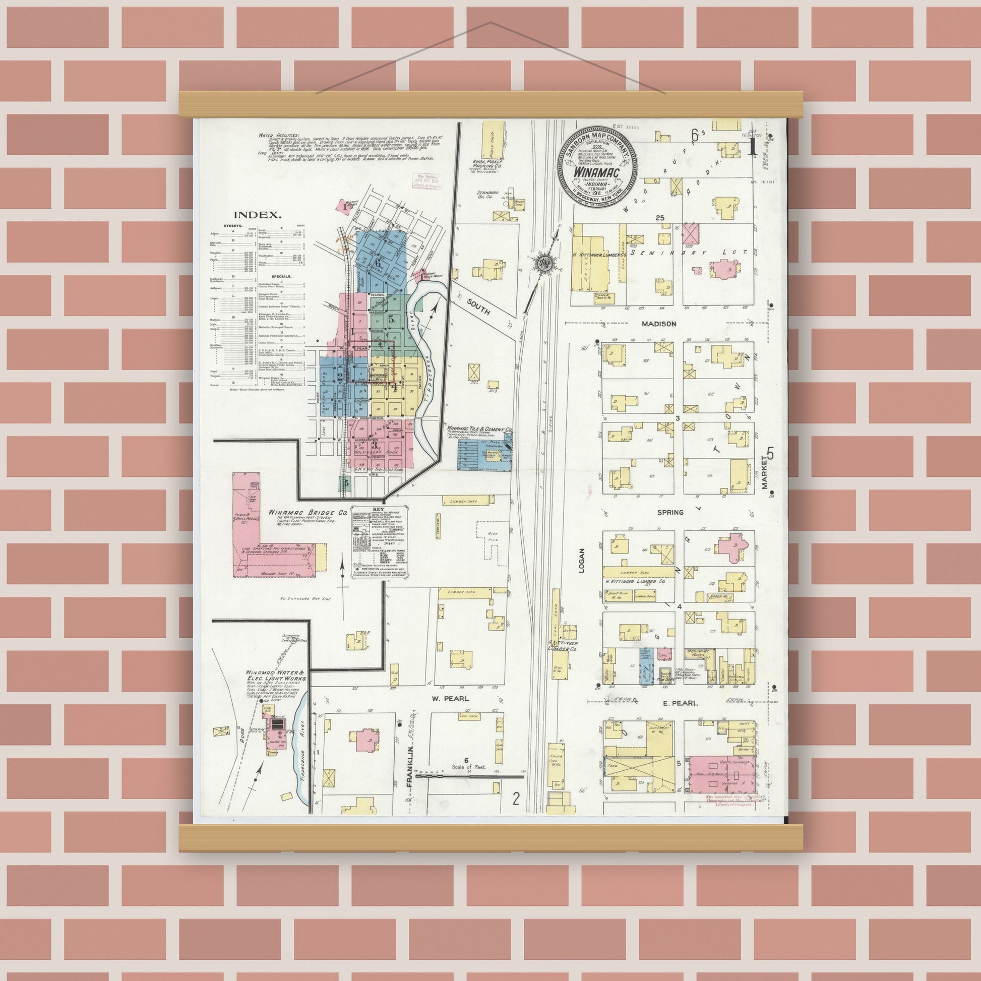 Old map wall art mockup — magnetic wood frame on brick wall — Sanborn Fire Insurance Map from Winamac, Pulaski County, Indiana (1911) - Complete Map Set