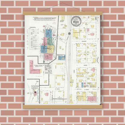 Old map wall art mockup — magnetic wood frame on brick wall — Sanborn Fire Insurance Map from Winamac, Pulaski County, Indiana (1911) - Complete Map Set