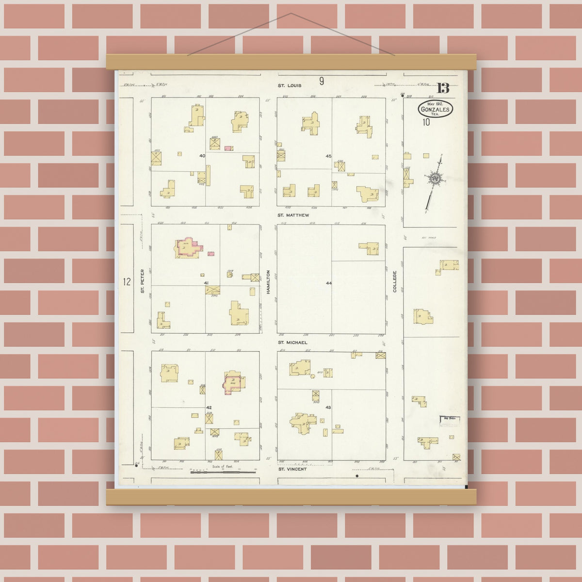 Old map wall art mockup — magnetic wood frame on brick wall — Sanborn Fire Insurance Map from Gonzales, Gonzales County, Texas (1912), Sheet #0013