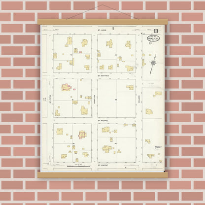 Old map wall art mockup — magnetic wood frame on brick wall — Sanborn Fire Insurance Map from Gonzales, Gonzales County, Texas (1912), Sheet #0013
