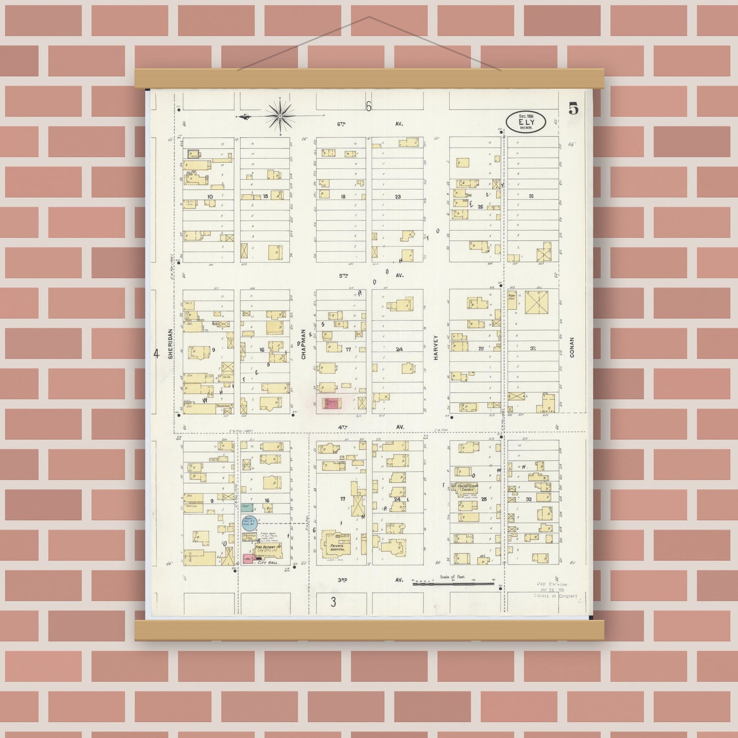 Old map wall art mockup — magnetic wood frame on brick wall — Sanborn Fire Insurance Map from Ely, Saint Louis County, Minnesota (1906), Sheet #0005