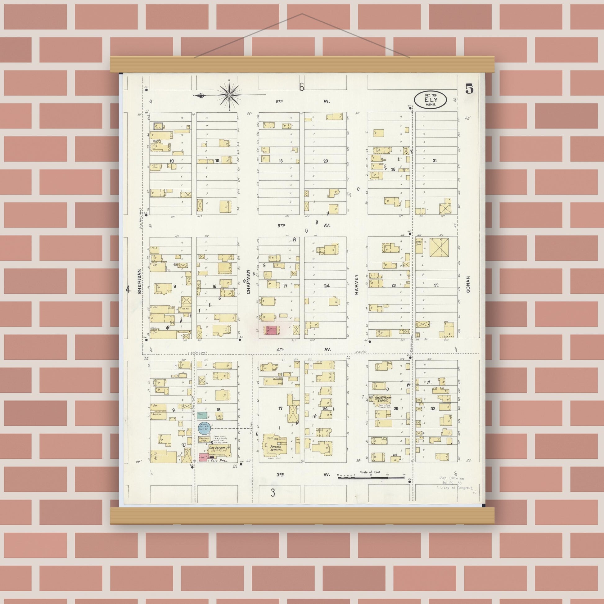 Old map wall art mockup — magnetic wood frame on brick wall — Sanborn Fire Insurance Map from Ely, Saint Louis County, Minnesota (1906), Sheet #0005