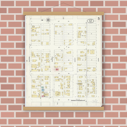 Old map wall art mockup — magnetic wood frame on brick wall — Sanborn Fire Insurance Map from Ely, Saint Louis County, Minnesota (1906), Sheet #0005