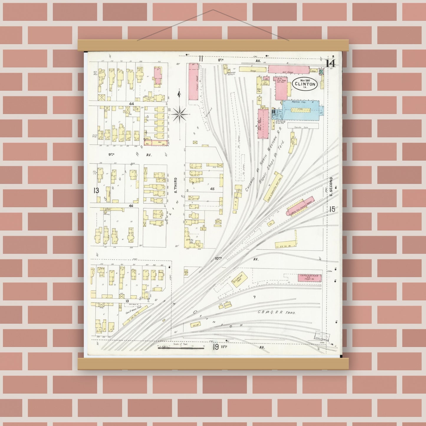 Old map wall art mockup — magnetic wood frame on brick wall — Sanborn Fire Insurance Map from Clinton, Clinton County, Iowa (1897), Sheet #0014
