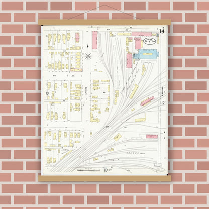 Old map wall art mockup — magnetic wood frame on brick wall — Sanborn Fire Insurance Map from Clinton, Clinton County, Iowa (1897), Sheet #0014