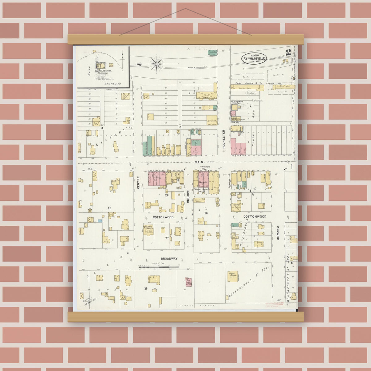 Old map wall art mockup — magnetic wood frame on brick wall — Sanborn Fire Insurance Map from Stewartville, Olmsted County, Minnesota (1899), Sheet #0002