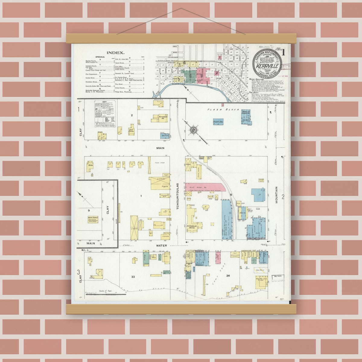Old map wall art mockup — magnetic wood frame on brick wall — Sanborn Fire Insurance Map from Kerrville, Kerr County, Texas (1910) - Complete Map Set