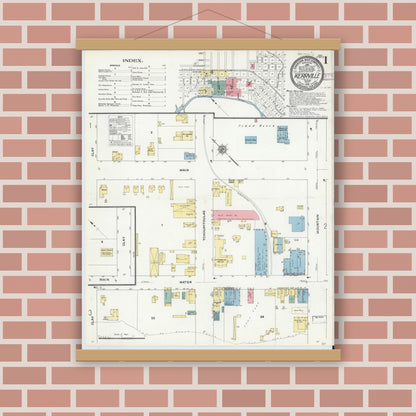 Old map wall art mockup — magnetic wood frame on brick wall — Sanborn Fire Insurance Map from Kerrville, Kerr County, Texas (1910) - Complete Map Set