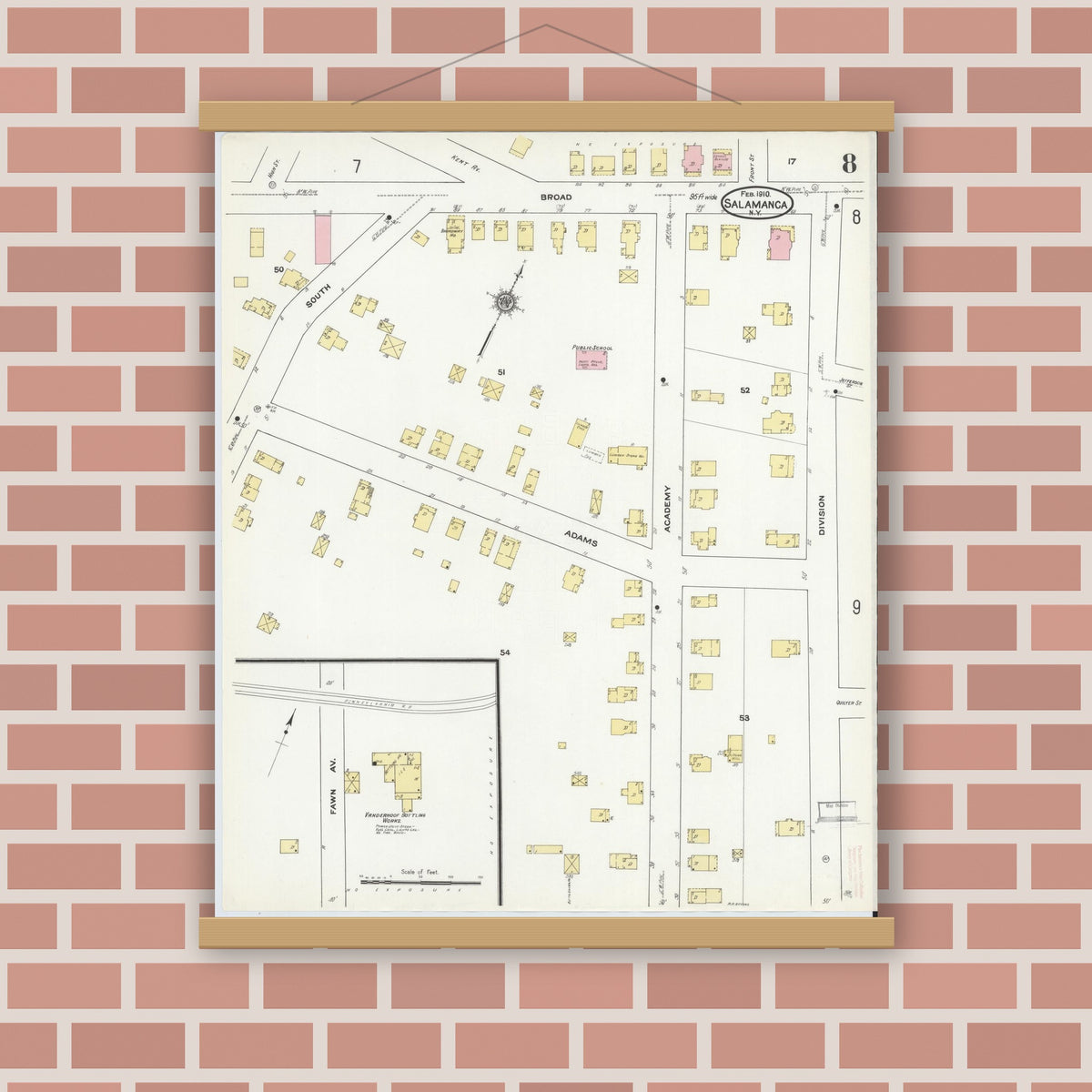 Old map wall art mockup — magnetic wood frame on brick wall — Sanborn Fire Insurance Map from Salamanca, Cattaraugus County, New York (1910), Sheet #0008