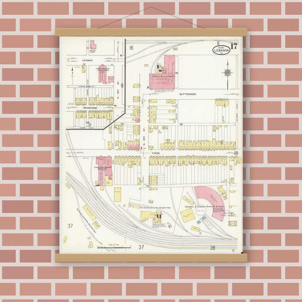 Old map wall art mockup — magnetic wood frame on brick wall — Sanborn Fire Insurance Map from Lebanon, Lebanon County, Pennsylvania (1912), Sheet #0017