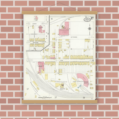 Old map wall art mockup — magnetic wood frame on brick wall — Sanborn Fire Insurance Map from Lebanon, Lebanon County, Pennsylvania (1912), Sheet #0017