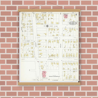 Old map wall art mockup — magnetic wood frame on brick wall — Sanborn Fire Insurance Map from Traverse City, Grand Traverse County, Michigan (1910), Sheet #0004