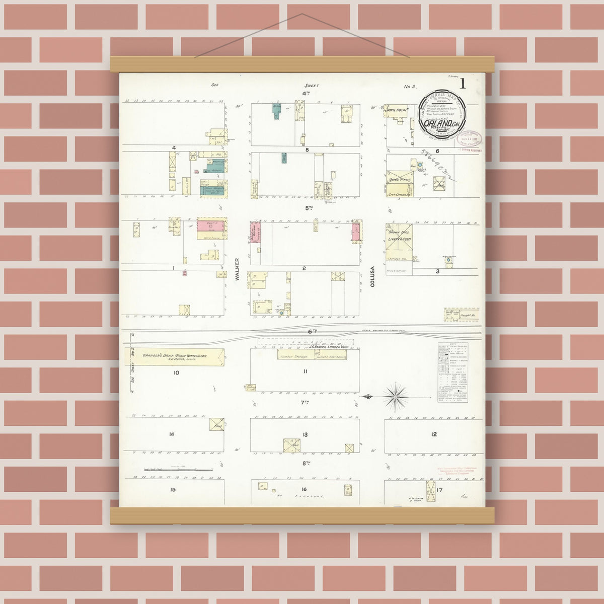 Old map wall art mockup — magnetic wood frame on brick wall — Sanborn Fire Insurance Map from Orland, Glenn County, California (1897) - Complete Map Set