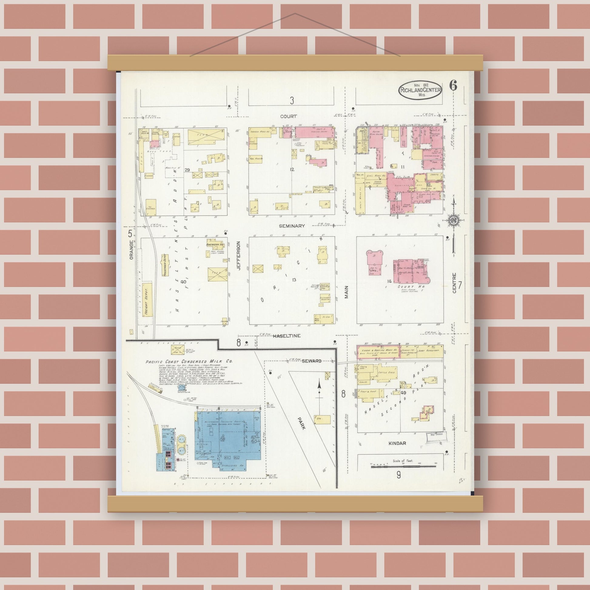 Old map wall art mockup — magnetic wood frame on brick wall — Sanborn Fire Insurance Map from Richland Center, Richland County, Wisconsin (1912), Sheet #0006