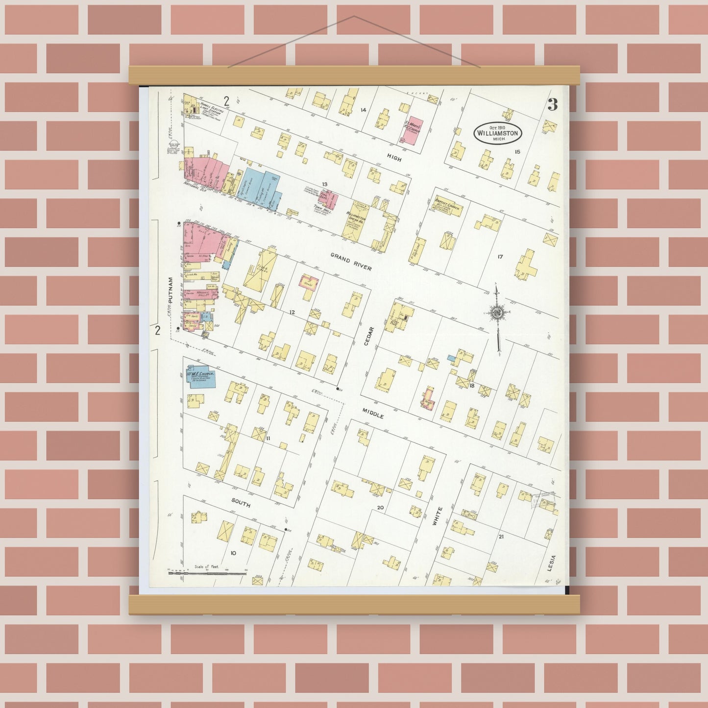 Old map wall art mockup — magnetic wood frame on brick wall — Sanborn Fire Insurance Map from Williamston, Ingham County, Michigan (1910), Sheet #0003