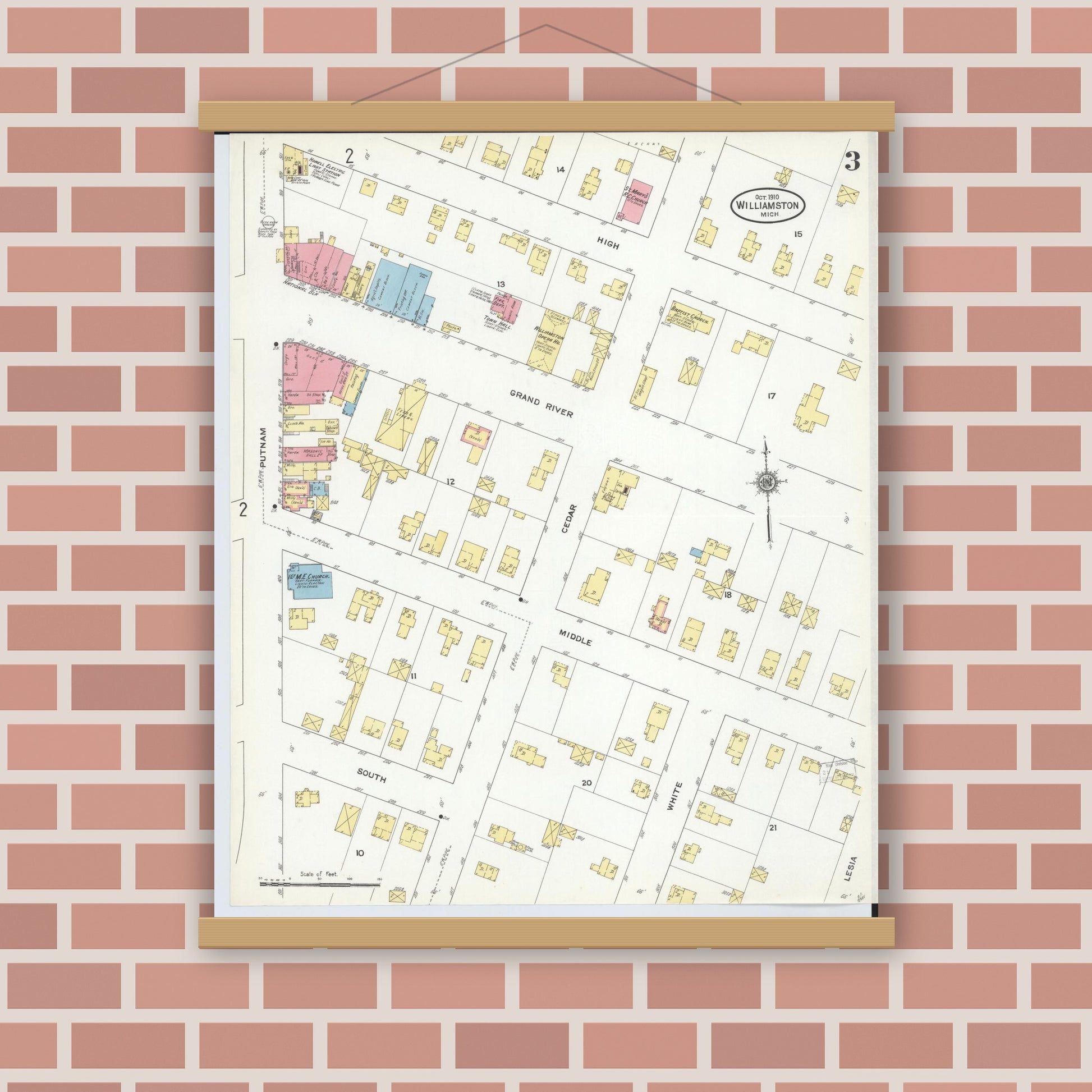 Old map wall art mockup — magnetic wood frame on brick wall — Sanborn Fire Insurance Map from Williamston, Ingham County, Michigan (1910), Sheet #0003