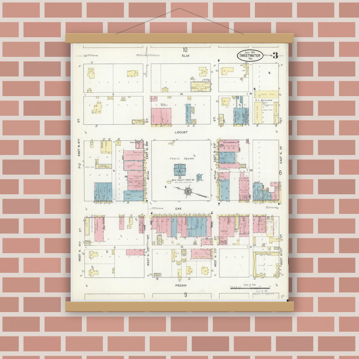 Old map wall art mockup — magnetic wood frame on brick wall — Sanborn Fire Insurance Map from Sweetwater, Nolan County, Texas (1914), Sheet #0003