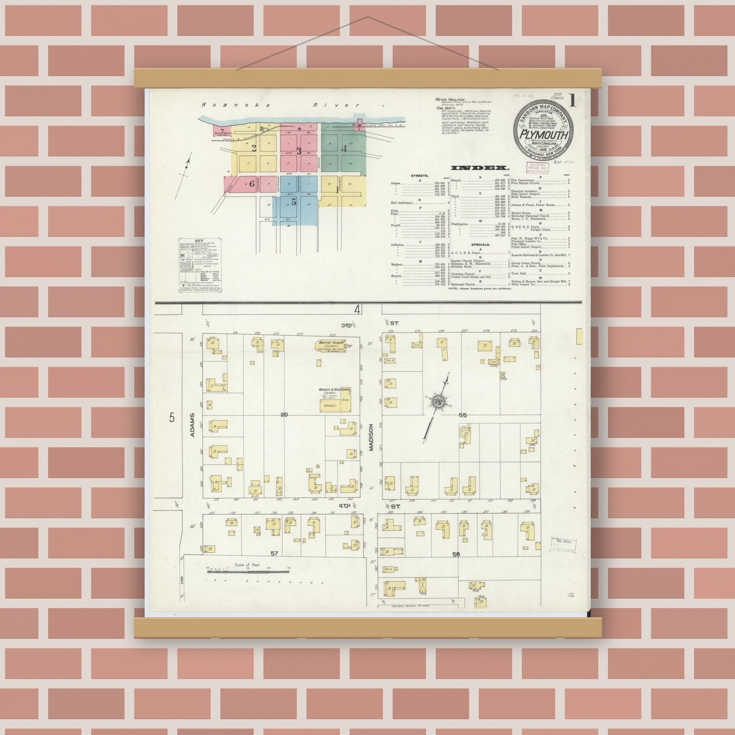 Old map wall art mockup — magnetic wood frame on brick wall — Sanborn Fire Insurance Map from Plymouth, Washington County, North Carolina (1910) - Complete Map Set
