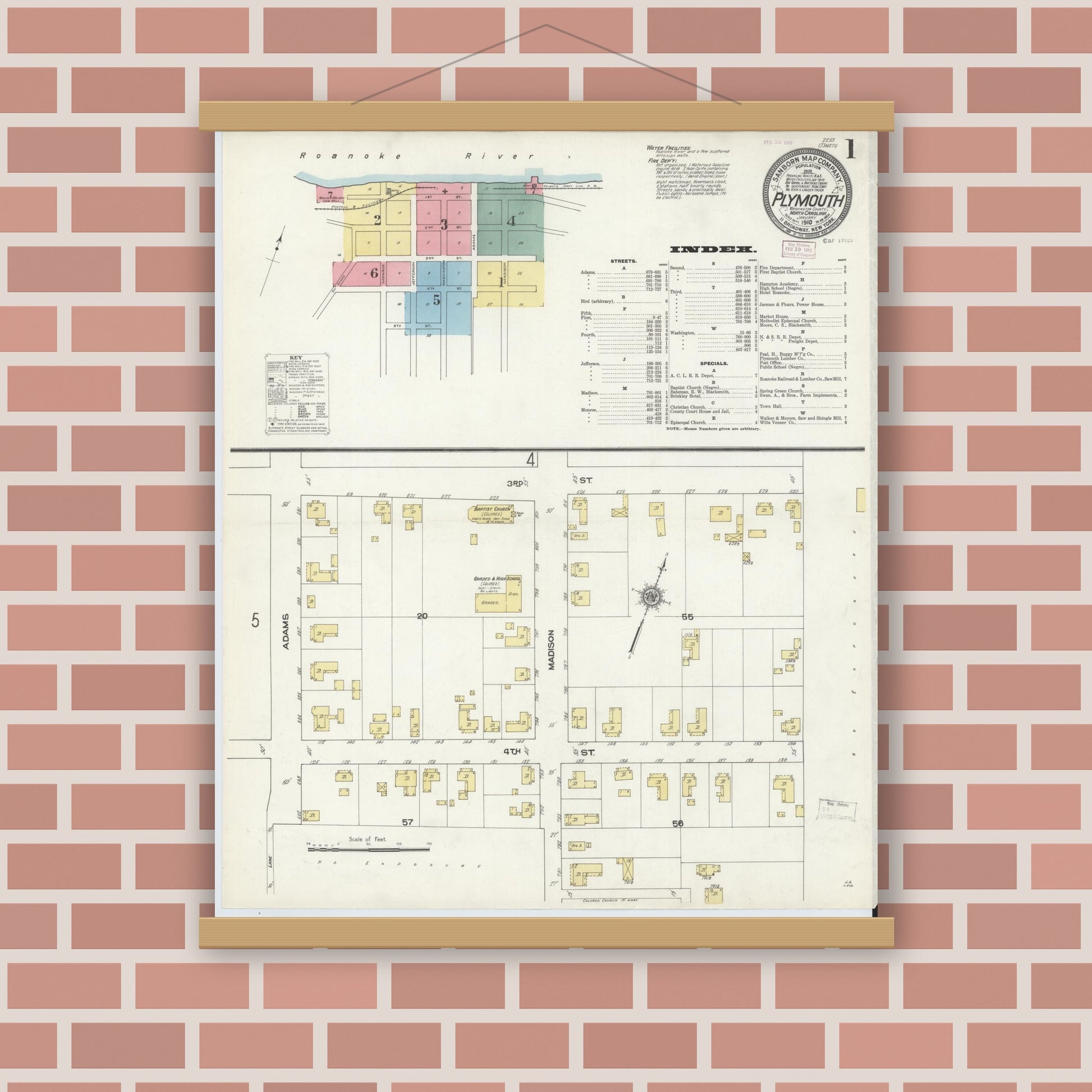 Old map wall art mockup — magnetic wood frame on brick wall — Sanborn Fire Insurance Map from Plymouth, Washington County, North Carolina (1910) - Complete Map Set