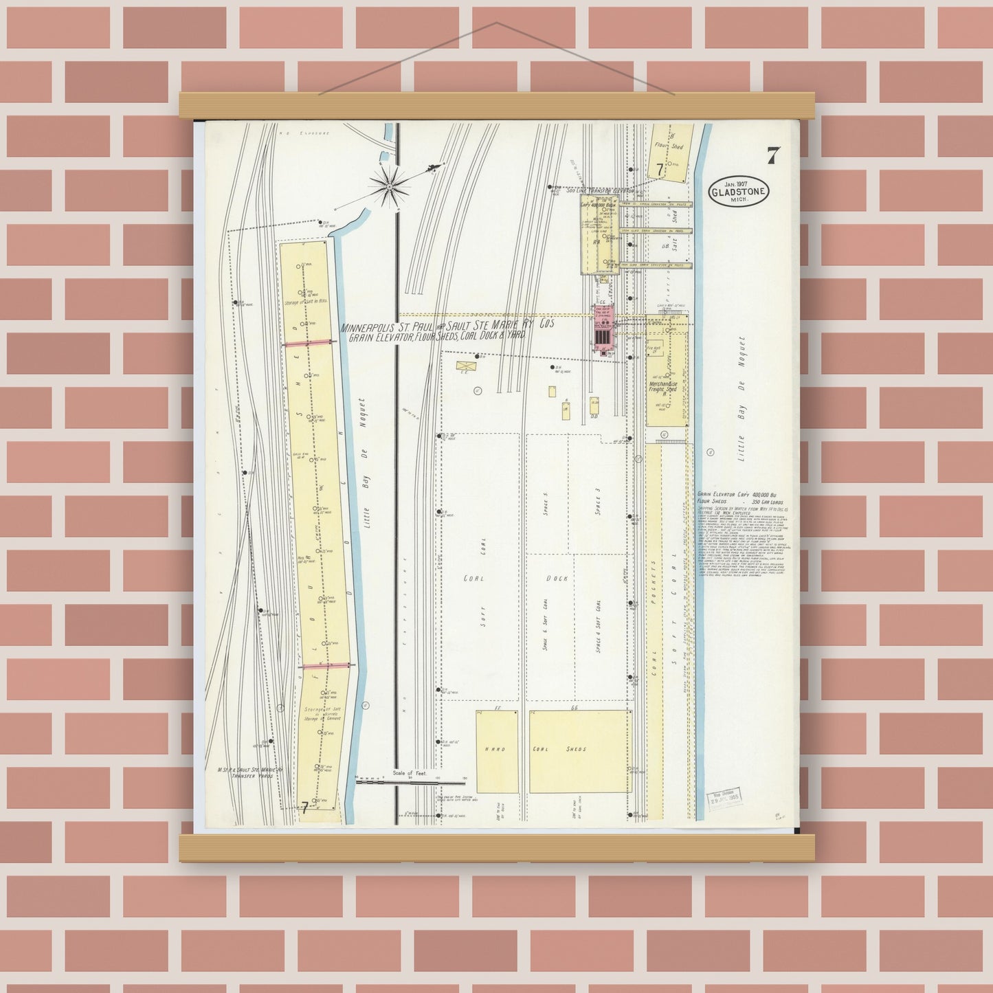 Old map wall art mockup — magnetic wood frame on brick wall — Sanborn Fire Insurance Map from Gladstone, Delta County, Michigan (1907), Sheet #0007