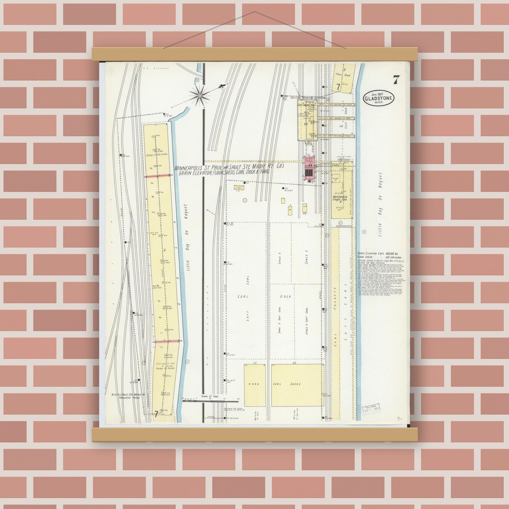 Old map wall art mockup — magnetic wood frame on brick wall — Sanborn Fire Insurance Map from Gladstone, Delta County, Michigan (1907), Sheet #0007