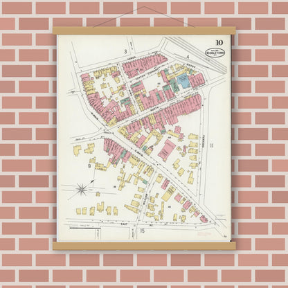 Old map wall art mockup — magnetic wood frame on brick wall — Sanborn Fire Insurance Map from Middletown, Orange County, New York (1897), Sheet #0010