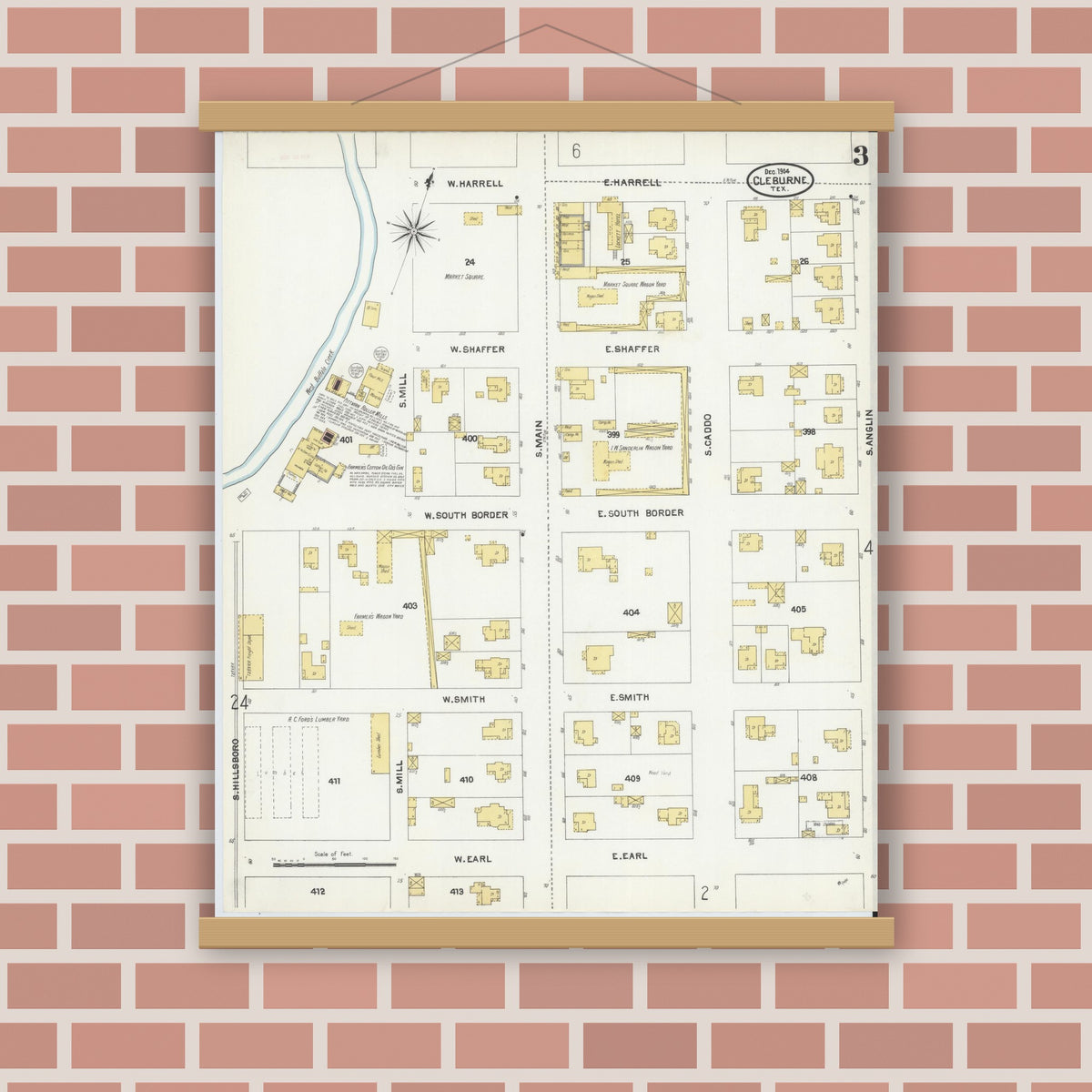 Old map wall art mockup — magnetic wood frame on brick wall — Sanborn Fire Insurance Map from Cleburne, Johnson County, Texas (1904), Sheet #0003