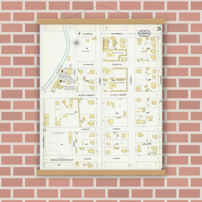 Old map wall art mockup — magnetic wood frame on brick wall — Sanborn Fire Insurance Map from Cleburne, Johnson County, Texas (1904), Sheet #0003